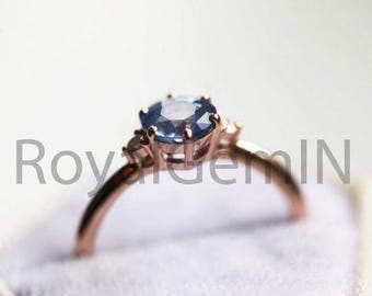 Blue Sapphire Engagement Ring, Rose Gold Ring, Round Cut Sapphire Ring, Minimalist Promise Ring, Unique Bridal Ring