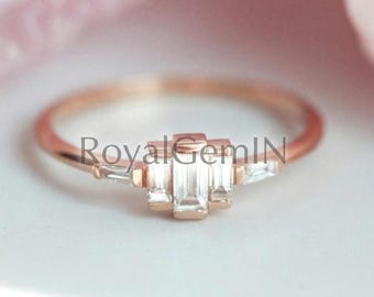 Minimalist Baguette Diamond Ring, Art Deco Stackable Ring, Rose Gold Promise Ring, Dainty Engagement Ring Gift