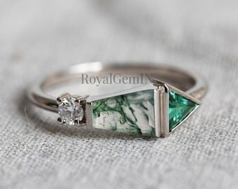 Moss Agate Geometric Ring, Asymmetrical Engagement Ring, Kite Cut Green Gemstone Ring, Unique Alternative Bridal Jewelry