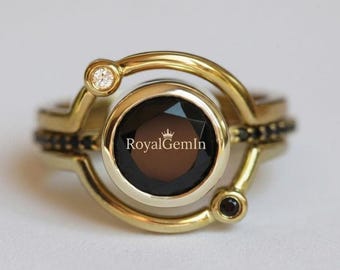 Black Onyx Celestial Ring, Gold Art Deco Engagement, Gothic Statement Jewelry
