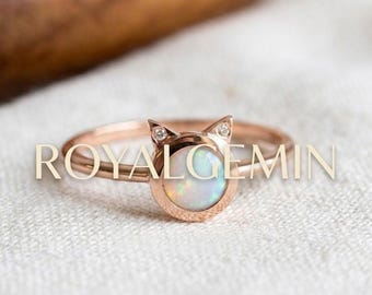 Cute Cat Opal Ring, Cat Lover Gift, Rose Gold Opal Ring, Minimalist Animal Ring, October Birthstone Jewelry