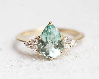 Pear Shape Green Amethyst Ring, Mint Green Gemstone Ring, Teardrop Engagement Ring, Gold Promise Ring, Minimalist Bridal Jewelry,