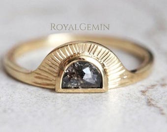 Salt and Pepper Diamond Ring, Half Moon Diamond Ring, Sunburst Gold Ring, Rustic Engagement Ring, Minimalist Promise Ring, Gift for Her