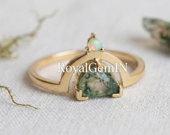 Moss Agate Ring Rose Gold Minimalist Engagement Boho Nature Inspired Jewelry