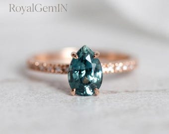 Teal Sapphire Marquise Engagement Ring, Rose Gold Pavé Band, Minimalist Bridal Jewelry