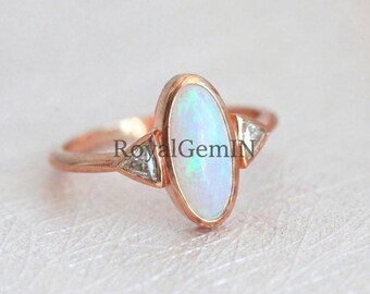 Oval Opal Ring Rose Gold, Opal Engagement Ring, Minimalist Gemstone Ring, Dainty Promise Ring, October Birthstone Gift