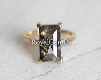 Salt and Pepper Diamond Ring, Black Diamond Engagement Ring, Emerald Cut Diamond Ring, Minimalist Gold Ring, Unique Bridal Ring