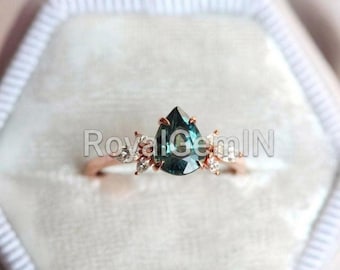 Teal Sapphire Pear Ring, Pear Cut Engagement Ring, Rose Gold Promise Ring, Dainty Diamond Ring, Unique Bridal Gift for Her