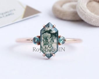 Moss Agate Hexagon Ring, Nature Inspired Engagement Ring, Rose Gold Promise Ring, Unique Green Gemstone Ring for Women