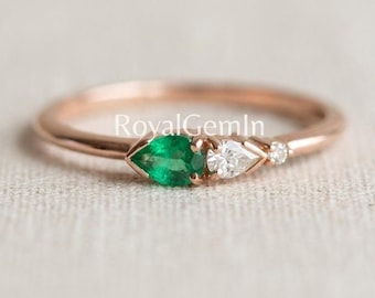 Pear Emerald Diamond Ring, Rose Gold Minimalist Engagement, May Birthstone Jewelry