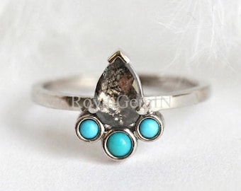 Salt and Pepper Diamond Turquoise Ring, Pear Diamond Engagement Ring, Alternative Bridal Ring, Rustic Boho Gemstone Jewelry