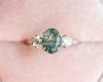 Moss Agate Engagement Ring, Oval Moss Agate Ring, Nature Inspired Ring, Three Stone Promise Ring, Unique Bridal Jewelry