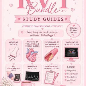 May include: A pink-themed educational infographic titled RVT Bundle Study Guides. It features illustrations of medical equipment, a heart, and blood vessels, alongside text including Vascular Physics, Anatomy, Pathologies, and Sonographic Interpretation.