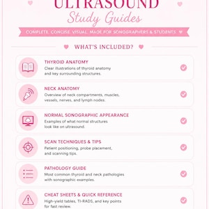 May include: A pink and white study guide for thyroid and neck ultrasound. The guide includes sections on anatomy, sonographic appearance, scan techniques, pathology, and quick reference materials. Text includes "Thyroid & Neck Ultrasound Study Guides".
