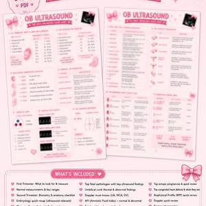 May include: A two-page OB ultrasound cheat sheet PDF preview with a pink theme, featuring text headers like OB ULTRASOUND, Top Basic Knowledge, and CHEAT SHEET PREVIEW. The document includes medical checklists, diagrams, and heart icons.