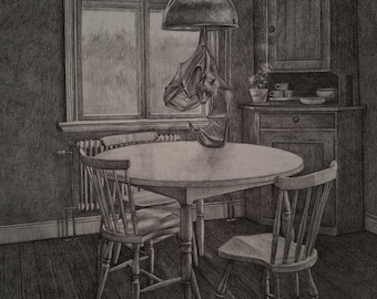 "Comedor para los ausentes" – Obra de arte surrealista original en grafito.
