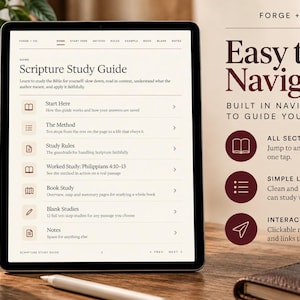 Peut inclure: Une tablette numérique affichant un guide d'étude des Écritures avec un menu comprenant Start Here, The Method, Study Rules, Worked Study, Book Study, Blank Studies et Notes, avec le texte Easy to Navigate et Interactive PDF.
