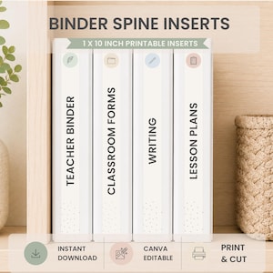 May include: Four white binder spine inserts measuring 1 x 10 inches with black text reading Teacher Binder, Classroom Forms, Writing, and Lesson Plans. Each insert features a small circular icon at the top and a dotted pattern at the bottom.