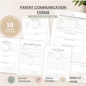 Könnte beinhalten: Ein Set aus 21,6 x 27,9 cm großen, druckbaren Eltern-Kommunikationsformularen, darunter ein Telefonprotokoll, Besprechungsnotizen, Verhaltensnotizen, ein Kommunikationsformular und eine Checkliste. Schwarzer Text auf weißem Papier.