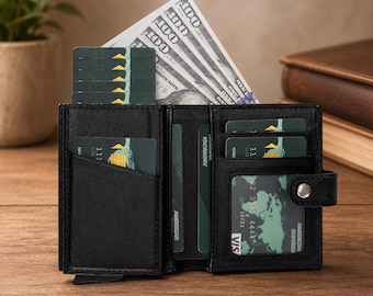 Personalized Leather RFID Bifold Wallet, Slim Mechanical Card Holder | Engraved Monogram Gift