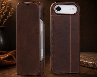 Personalized Leather Folio Case for iPhone 17 Air, 17, Pro & Pro Max, Wallet Phone Cover, Card Holder Case, Gift for Him