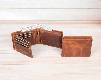 Personalized Leather Wallet for Men, Engraved Full Grain Trifold-Wallet, Coin Pocket, Monogram Anniversary Gift
