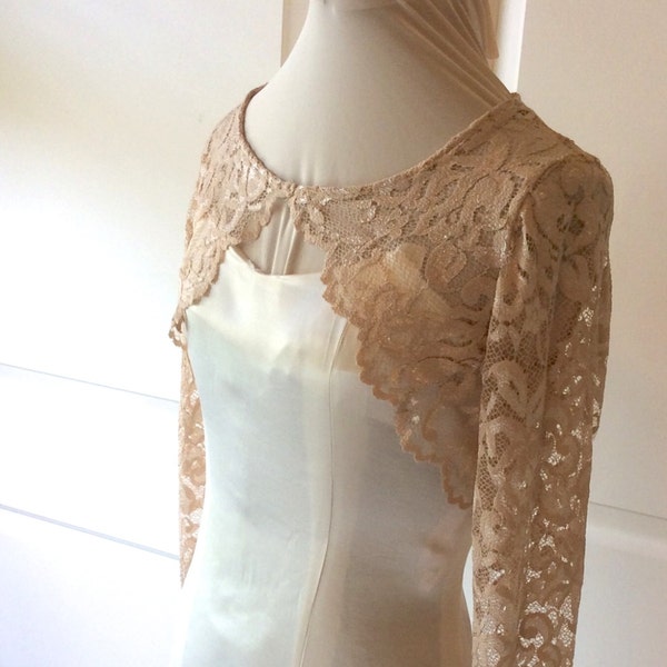 Stretch Lace Wedding or Prom Shrug in Champagne, Blush, Ivory, Black ,White,Navy/ Silver/Gray. Sizes  XS to 5XL Plus. Style No. 202