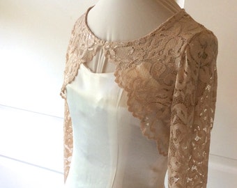 Stretch Lace Wedding or Prom Shrug in Champagne, Blush, Ivory, Black ,White,Navy/ Silver/Gray. Sizes  XS to 5XL Plus. Style No. 202