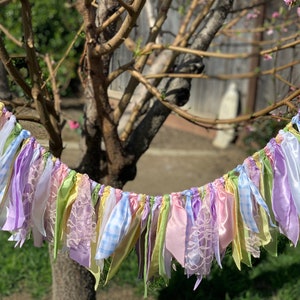 Fabric Rag tied garland Satin/ Lace/organza  Wedding/banner/shabby chic/rustic wedding/birthday/ high chair /decor/Easter/Mothers Day/