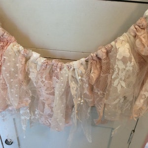 Lace fabric rag tied garland in blush and ivory with pearls/ Wedding decor/banner/shabby chic/rustic wedding/birthday/home decor