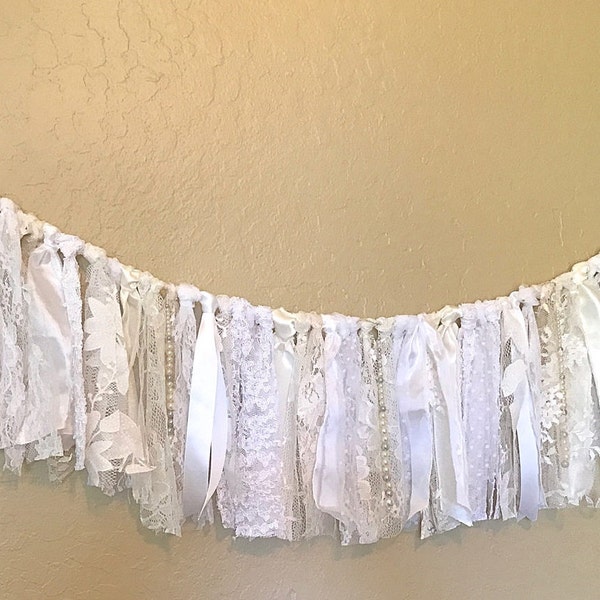 White and ivory lace/rag tied garland with ribbon and ivory pearls  Wedding decor/banner/shabby chic/rustic wedding/birthday/home decoration