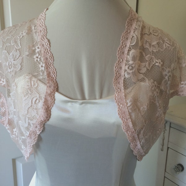 Lace Bridal Shrug. Prom or Evening shrug. Short sleeve Lace Jacket from stretch lace Style 207. Size X-Small to Plus size 4X.