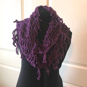 Purple Handknit Infinity Scarf with Tassels