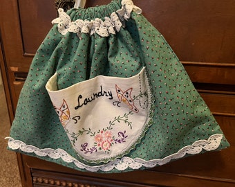 Laundry Bag made from Vintage Tablecloth with Lace Trim