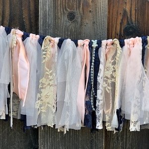 Lace & satin rag tied garland Navy Blue/ Blush/ gold accents/ivory pearls  Wedding decor/banner/shabby chic/rustic wedding/home decoration