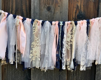 Lace & Satin Rag Garland, Navy Blue Blush Gold, Wedding Decor
