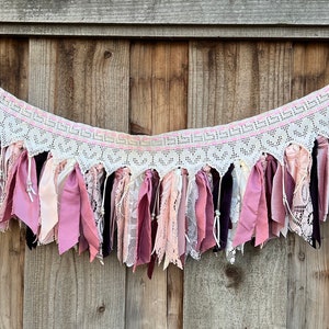 Blush and rose colored velvet/ satin Garland/Rag tied shabby chic rustic farmhouse vintage crocheted lace/ Heart garland/nursery  valance