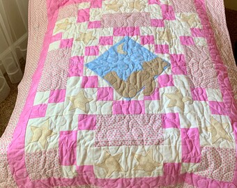 Handmade Teddy Bear Crib Quilt, Pink & White Star Appliqué