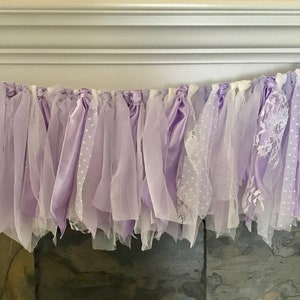 Lavender and lace Fabric/rag tied garland. Purple/lilac Wedding decor/ Nursery banner/shabby chic/rustic wedding/birthday/ high chair/window