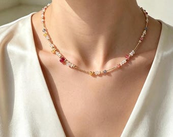 White South Sea Keshi Pearl Necklace with Rainbow  Gemstones, 925 Sterling Silver Gold Plated, Summer Style