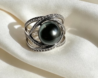 9.5mm Tahitian Black Pearl Sterling Silver Ring, Adjustable Crossover Band