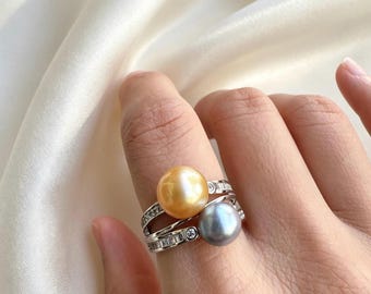 Golden South Sea & Akoya Pearl Toi et Moi Ring - 925 Silver Adjustable (Size 7-9)