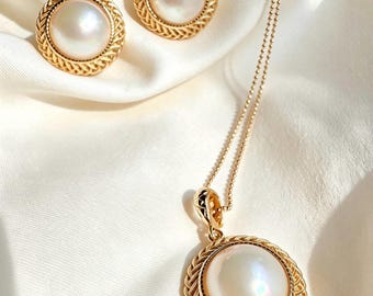 Vintage 13mm Mabe Pearl Jewelry Set,  18k Gold Plated Sterling Silver , French Style
