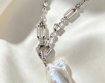 Freshwater Baroque Pearl Pendant Necklace - 20" 18K White Gold Plated Art Deco Statement Chain