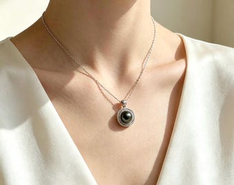 11mm Genuine Tahitian Black Pearl Pendant, S925 Silver Halo CZ Jewelry, Quiet Luxury Gift for Her
