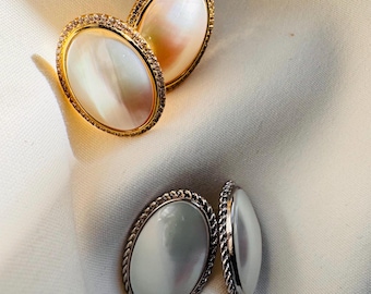 Vintage French Mabe Pearl Earrings, Large 23.5x17mm Saltwater Pearl Studs