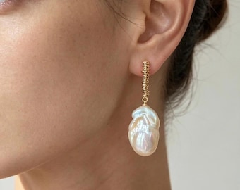 25x15mm Freshwater Baroque Pearl Earrings, Gold Plated Spiral Drop Earrings, Artfully Embellished Pearl Jewelry