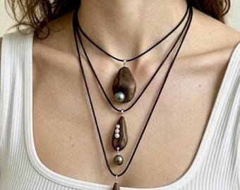 Natural Agarwood & Saltwater Pearl Pendant Leather Cord Necklace, Sculptural Wood Statement Pendant, Quiet Luxury Gift for Her