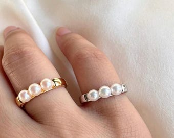 Minimalist Freshwater Pearl Ring,  Adjustable Sterling Silver Band, Quiet Luxury, Dainty Gift for Her