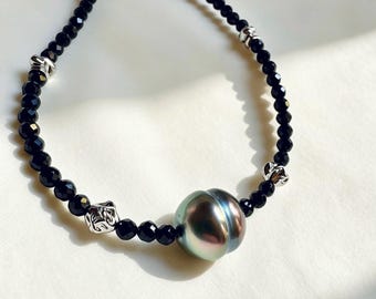 12mm Tahitian Pearl Necklace - Black Spinel Strand with Titanium Steel